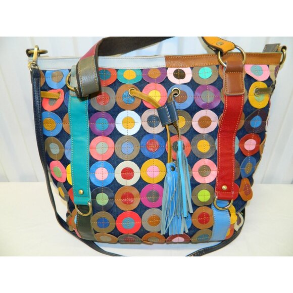 Amerileather Multicolor Lg Leather Tote Bag Colorful Patchwork Tassels Adj Strap - Picture 11 of 16